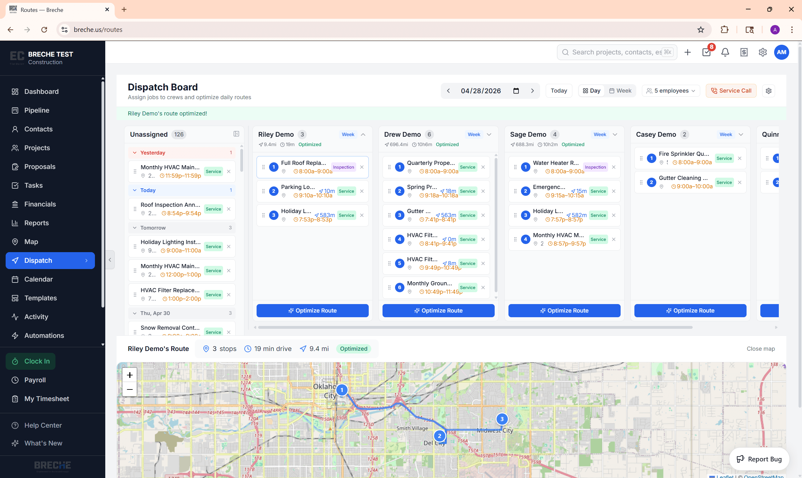 Breche dispatch board with an unassigned queue on the left, five technician columns showing assigned service stops with start times, an Optimize Route button under each column, and a map below showing one technician's optimized three-stop route across Oklahoma City